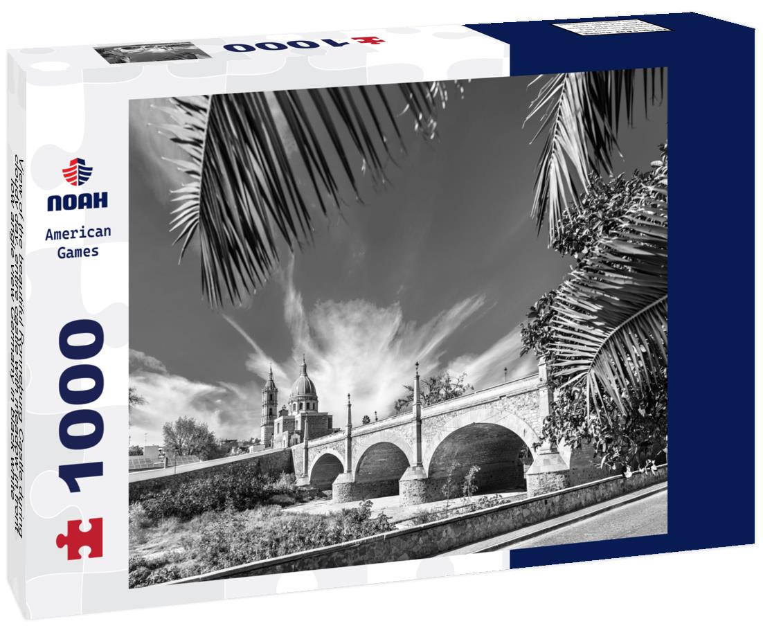 the beautiful Ronneburg Castle during cloudy day, entire castle with meadow in front, low angle view Germany 1000pc PuzzleBlack and White