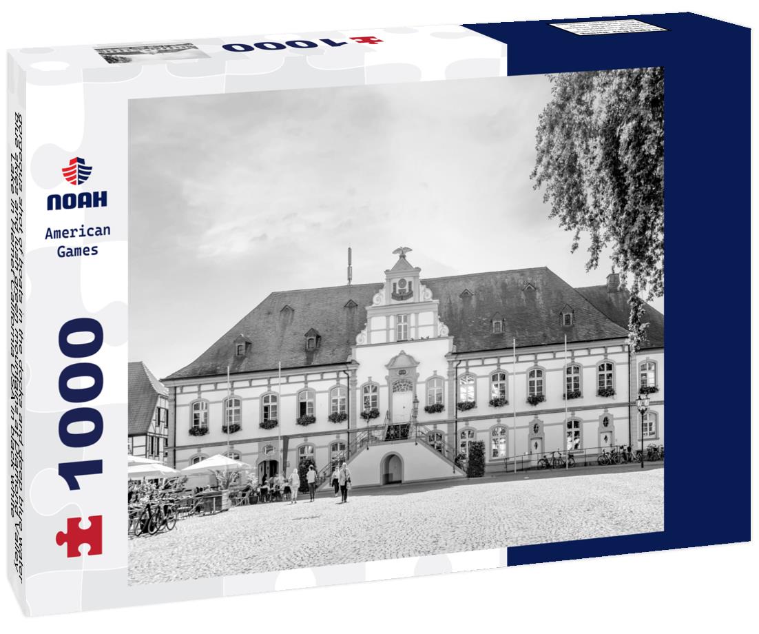 Noah Jigsaw Puzzle gorgeous shot of boats in the docks and deep blue water, blue skies and lush green mountains at Diamond Valley Lake in Hemet California USA in black white 1000 pieces