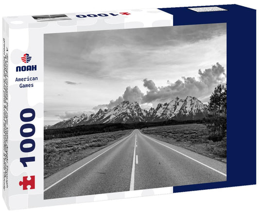 Noah Jigsaw Puzzle A dirt road crosses the river Vathy Argaki Through a ford and climbs a hill surrounded by rocks, green bushes and pine forest and under a blue cloudy sky (Kornos, Larnaca District, Cyprus) in black white 1000 pieces