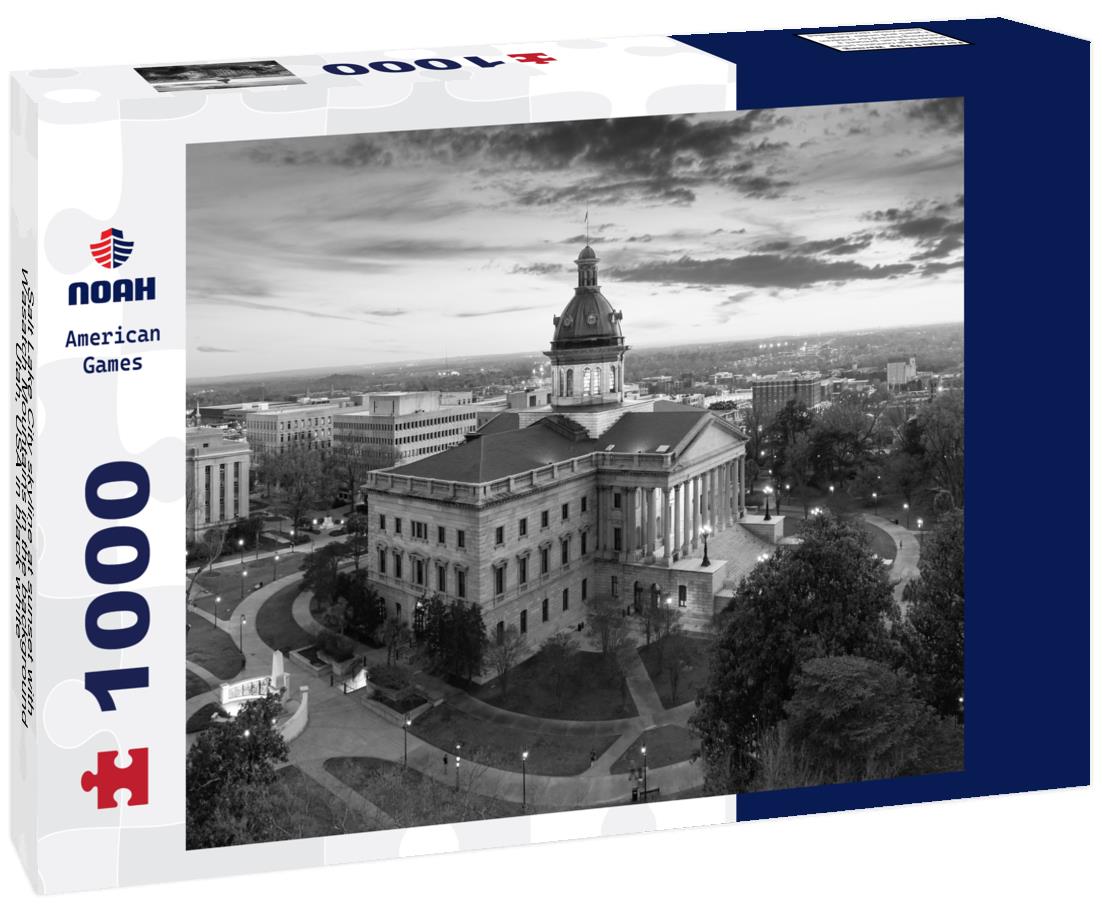 Noah Jigsaw Puzzle Salt Lake City skyline at sunset with Wasatch Mountains in the background, Utah, USA in black white 1000 pieces