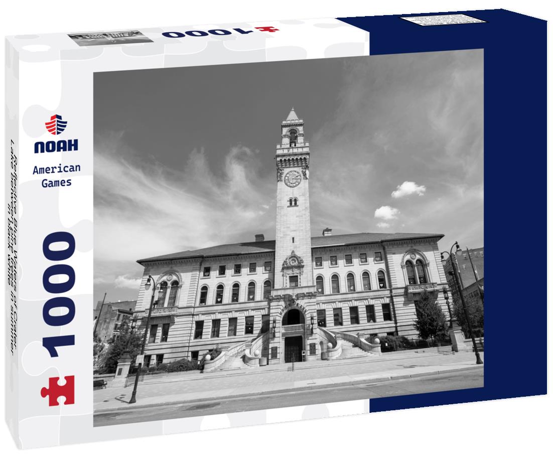 Noah Jigsaw Puzzle Reflective Blue Waters of Crater Lake between pine trees in summer in black white 1000 pieces