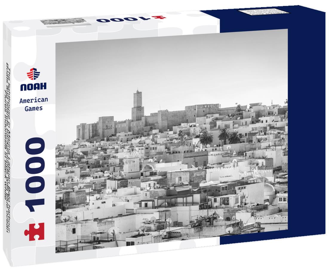 Noah Jigsaw Puzzle The lighthouse in Marina Labuan Bajo harbour. Boats and islands backgrounds with blue ocean Flores Indonesia in black white 1000 pieces