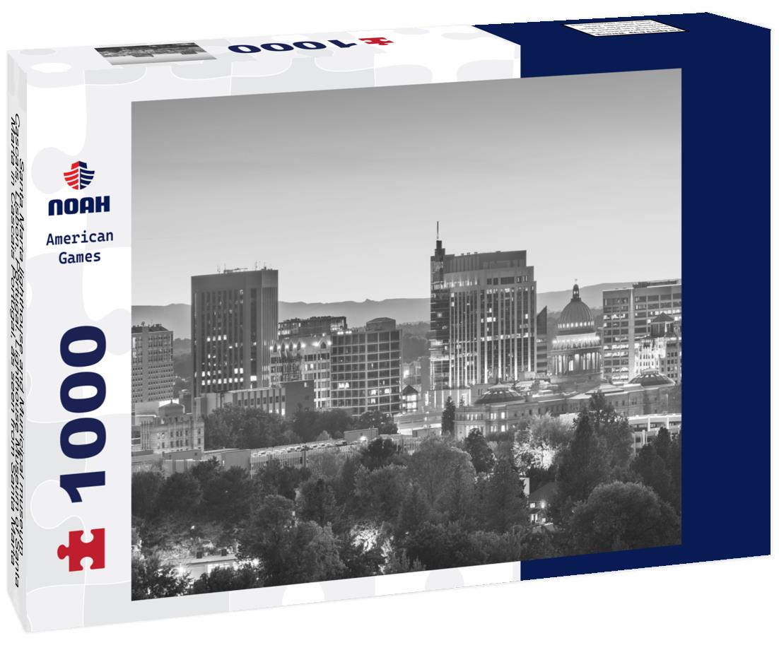 Noah Jigsaw Puzzle Santa Marta lighthouse and Municipal museum, Cascais, Lisbon, Portugal. Lighthouse Museum of Santa Marta in Cascais Portugal, as seen from Santa Marta Beach on a beautiful day. Cascais, Portugal in black white 1000 pieces