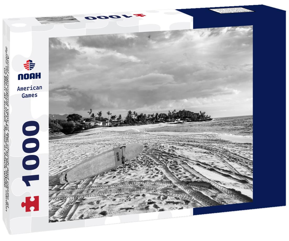 Noah Jigsaw Puzzle Aerial panorama view of the church and castle at Spiez on the shore of Lake Thun in the Swiss canton of Bern at sunset, Spiez in black white 1000 pieces