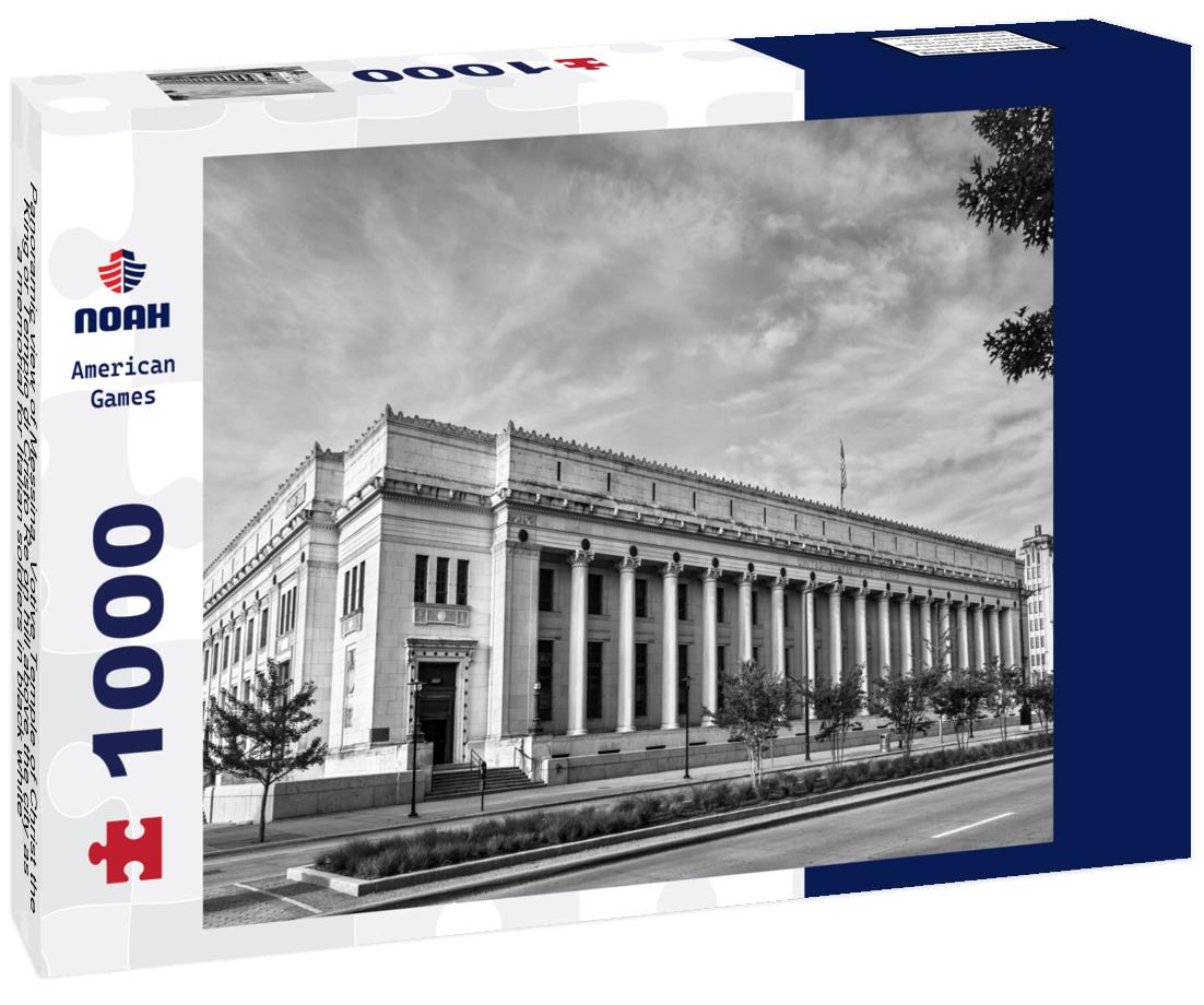 Noah Jigsaw Puzzle Panoramic view of Messina. Votive Temple of Christ the King or Tempio di Cristo Re on hill above the city as a memorial for Italian soldiers in black white 1000 pieces