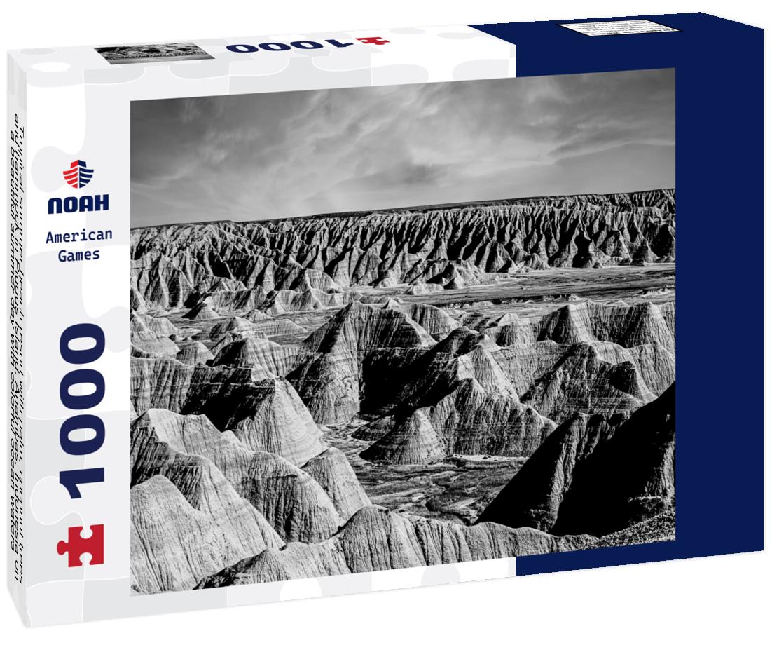 Noah Jigsaw Puzzle Tropical summer beach resort with palm, coconut trees, and hammock in Piugus Island, Anambas, Indonesia on a beautiful summer day with colorful ocean waters, pristine sands and cloudy sky. Copy space in black white 1000 pieces