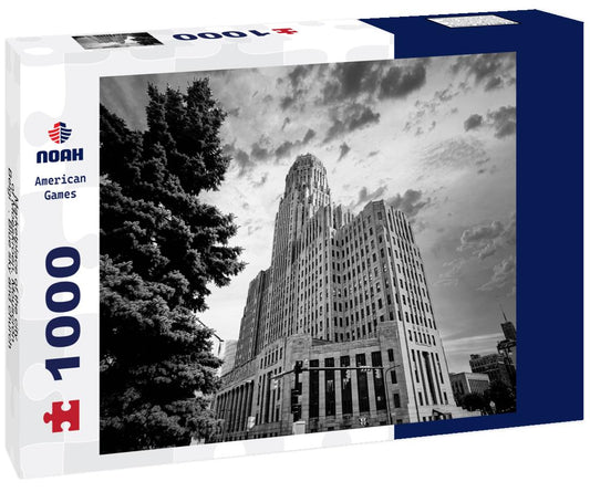 Noah Jigsaw Puzzle Marketplace of the city of Moeskroen, Mouscron België. Blue sky and church in black white 1000 pieces