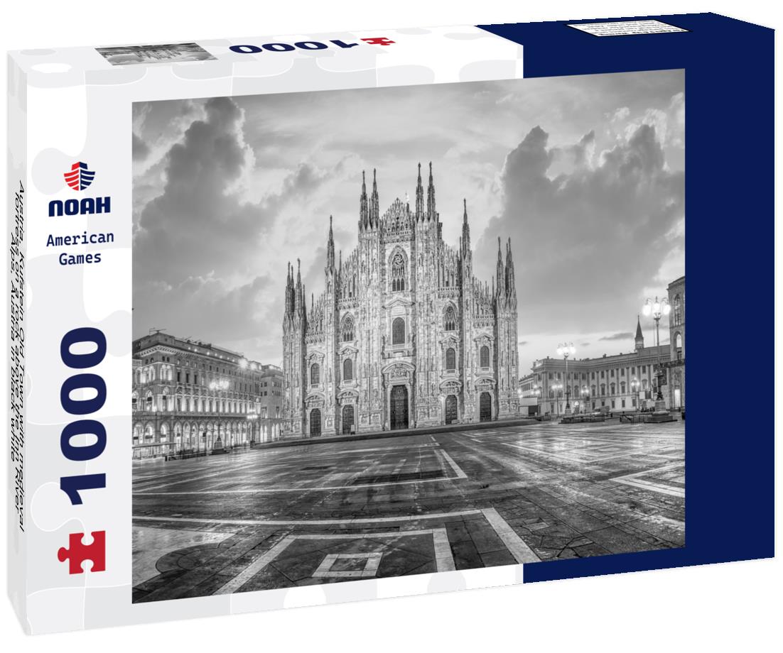 Noah Jigsaw Puzzle Austria, Kufstein Old Town with medieval fortress on a rock above the Inn River, Alps, Austria in black white 1000 pieces