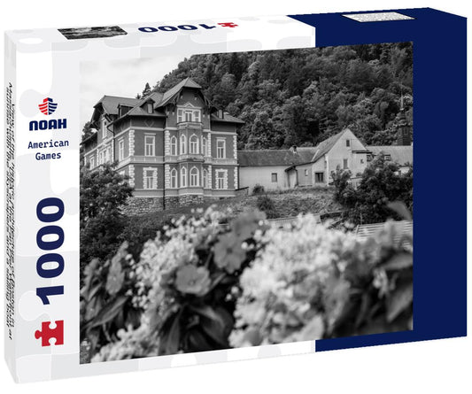 Noah Jigsaw Puzzle View of the historic architecture of Boston in Massachusetts, USA at the Fan Pier Waterfront at sunrise with the skyscrapers and a sailing boat anchored on the side pier in black white 1000 pieces