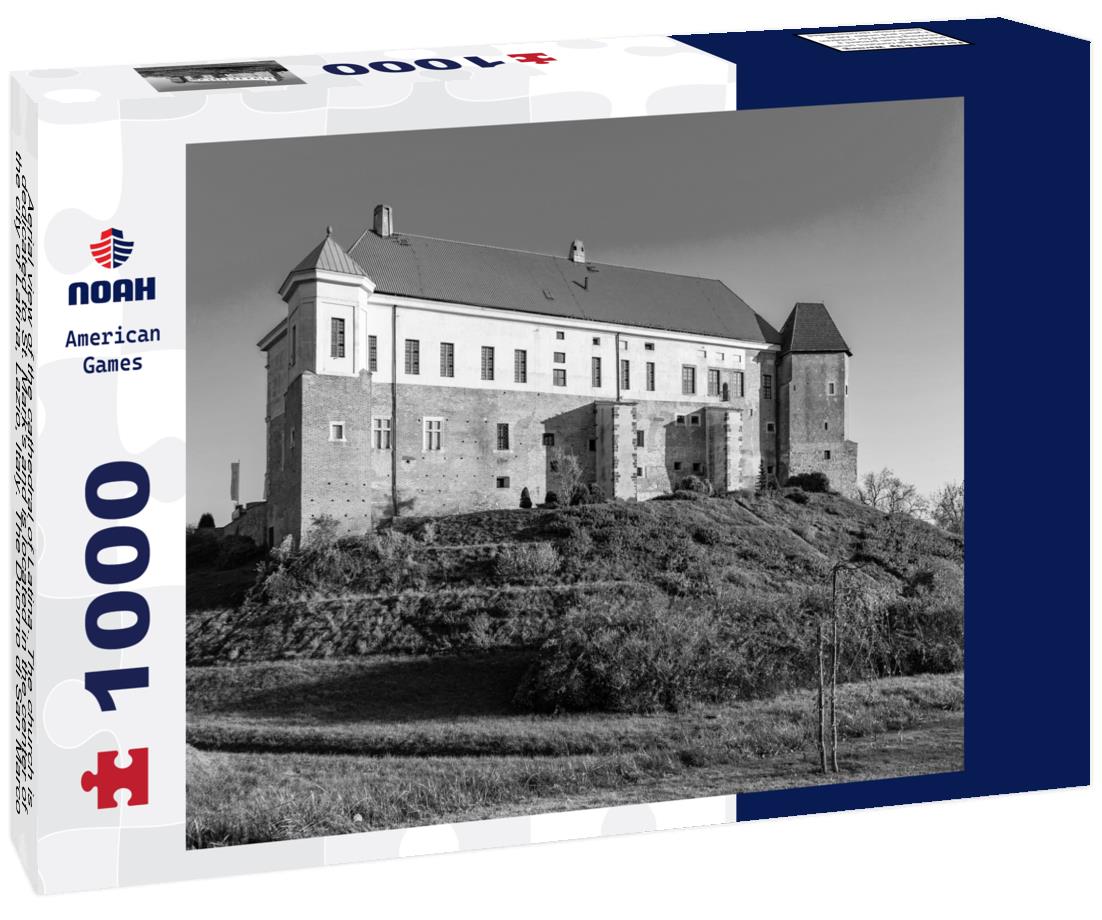 Noah Jigsaw Puzzle Aerial view of the cathedral of Latina. The church is dedicated to St. Mark's and is located in the center of the city of Latina, Lazio, Italy. The Duomo di San Marco is a Roman Catholic cathedral in black white 1000 pieces