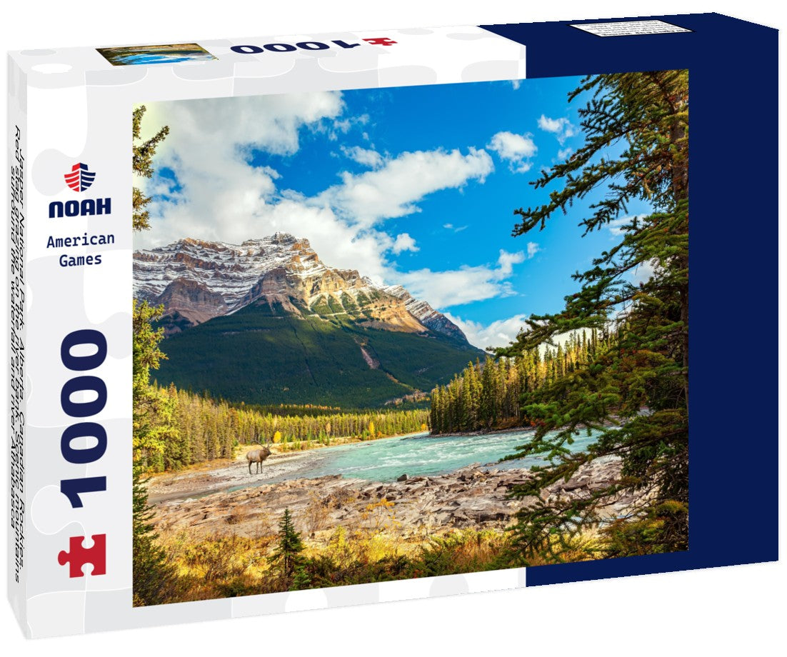 Noah Jigsaw Puzzle Jasper National Park. Alberta. Canadian Rockies. Red stag grazing on the river bank. Scenic mountains surround the waterfall and river Athabasca 1000 pieces