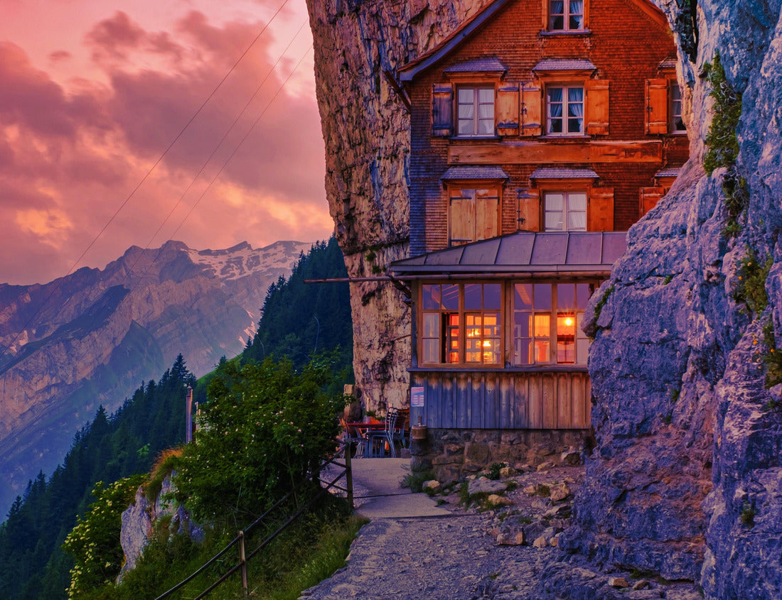Noah Jigsaw Puzzle Mountain guest house Aescher in the Appenzell Alps at sunset, restaurant under a cliff on Ebenalp in Switzerland, Appenzell at sunset in summer 1000 pieces