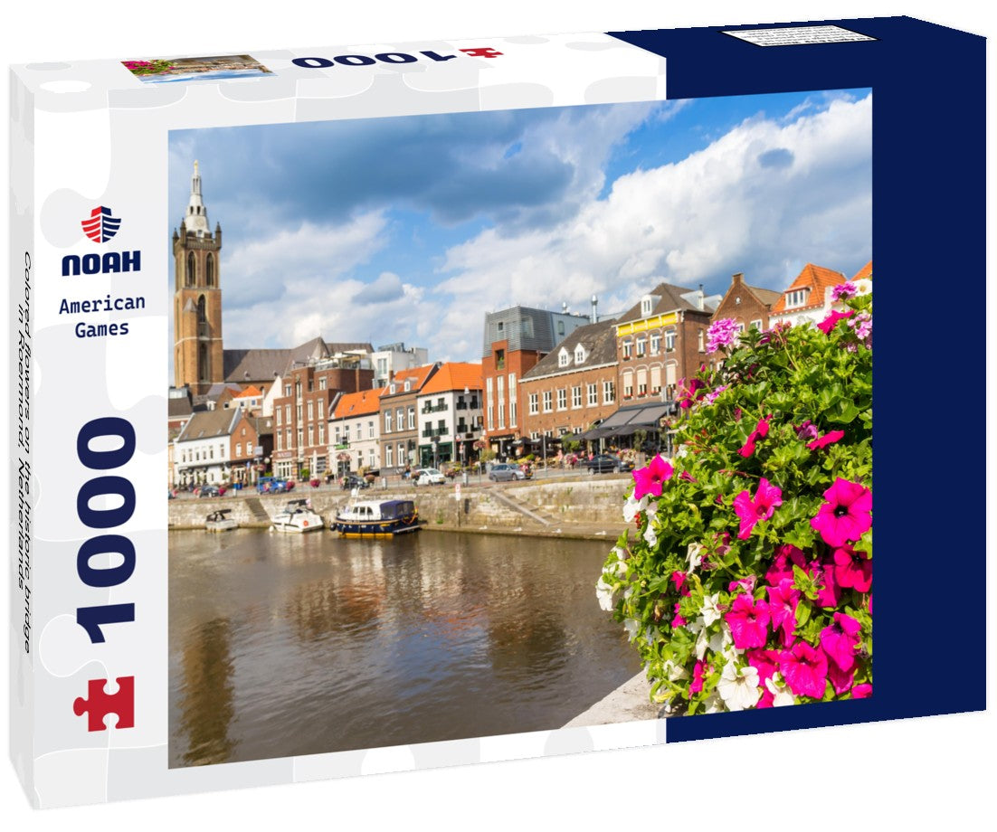 Noah Jigsaw Puzzle Colored flowers on the historic bridge in Roermond, Netherlands 1000 pieces