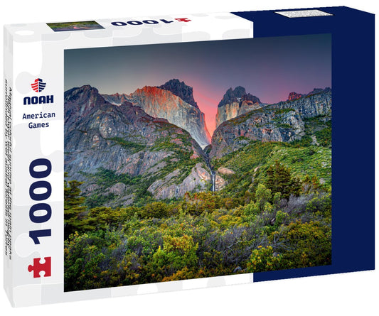 Noah Jigsaw Puzzle Magical colorful sunrise at the main peaks, high tower teeth and waterfall nearby, surrounded by wet austral forests in Torres del Paine National Park, Patagonia, Chile 1000 pieces
