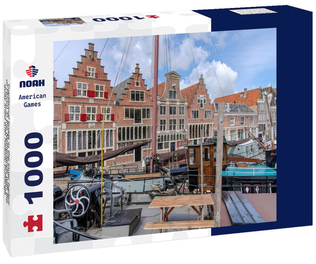 Traditional boats in the inner harbor of Hoorn in the Netherlands with the quay lined with historic buildings 1000pc Puzzle