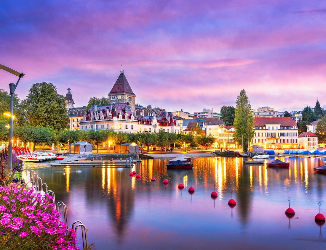 Noah Jigsaw Puzzle Lausanne, Switzerland from the Ouchy Promenade on Lake Leman at twilight 1000 pieces