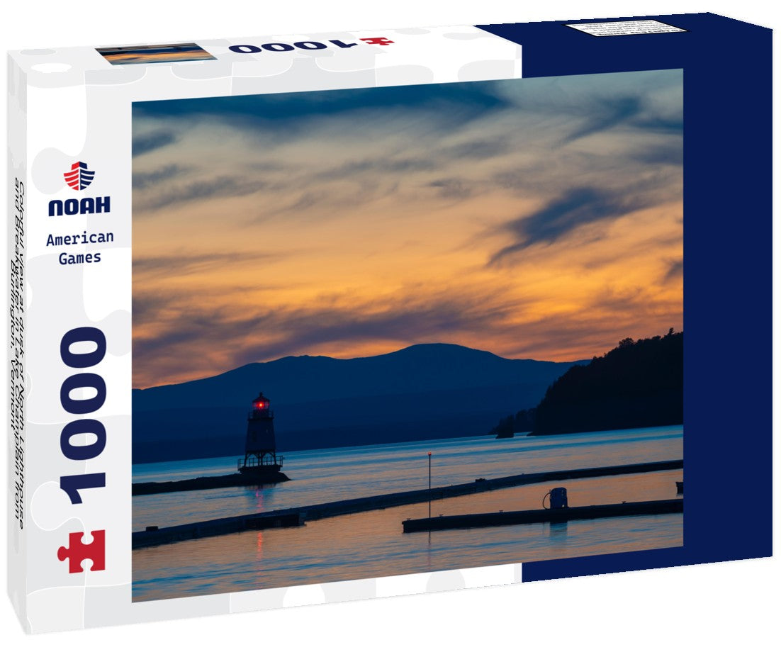Noah Jigsaw Puzzle Colorful view at dusk of North Lighthouse and Breakwater in Lake Champlain from Burlington, Vermont 1000 pieces