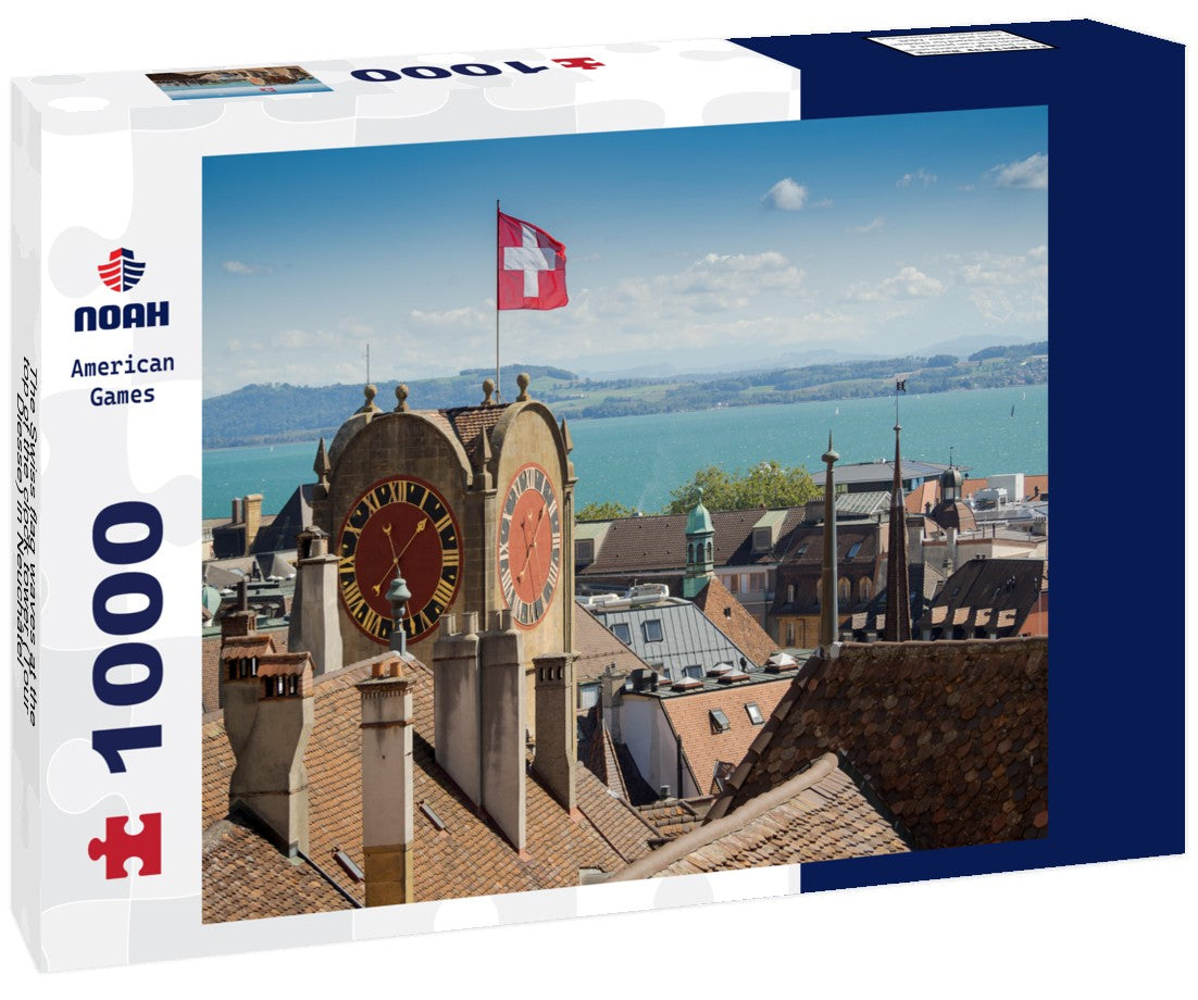 The Swiss flag waves at the top of the clock tower (Tour Diesse) in Neuchâtel 1000pc Puzzle