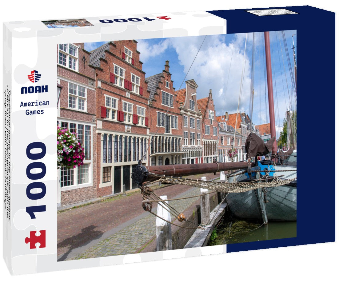 Traditional boats in the inner harbor of Hoorn in the Netherlands with the quay lined with historic buildings 1000pc Puzzle