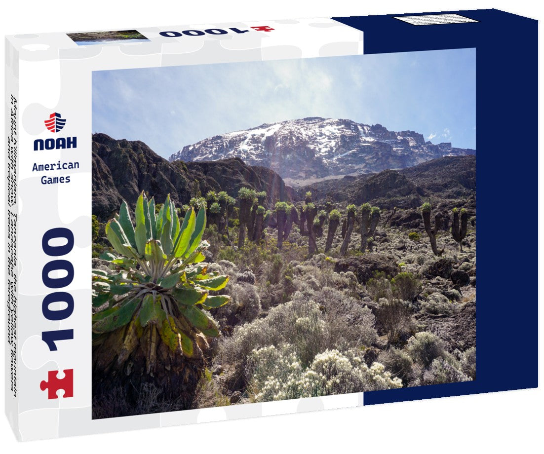Noah Jigsaw Puzzle Mount Kilimanjaro, Tanzania, the highest mountain in Africa with snow. Landscape with yellow flowers and tropical trees in the foreground 1000 pieces