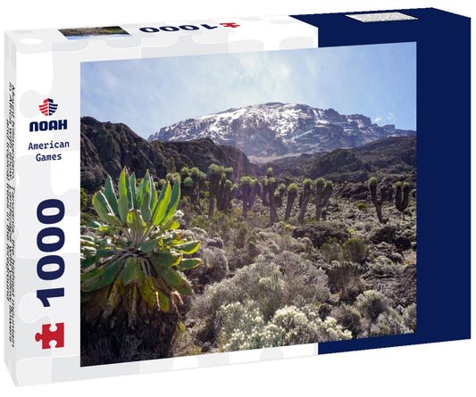 Noah Jigsaw Puzzle Mount Kilimanjaro, Tanzania, the highest mountain in Africa with snow. Landscape with yellow flowers and tropical trees in the foreground 1000 pieces