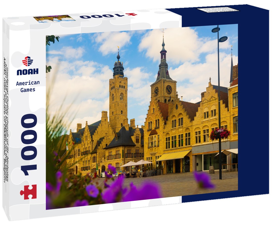 Noah Jigsaw Puzzle medieval Gothic church of St. Nicholas, town hall and old buildings on the Grote Markt, main square of Diksmuide, Belgium 1000 pieces