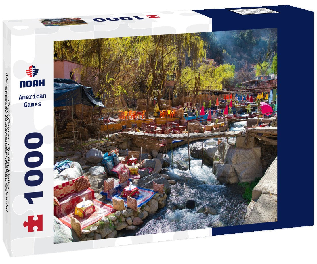Setti Fatma, Ourika Valley, Morocco; 27th december 2023: colourful outdoor restaurants with tables overlooking the river 1000pc Puzzle