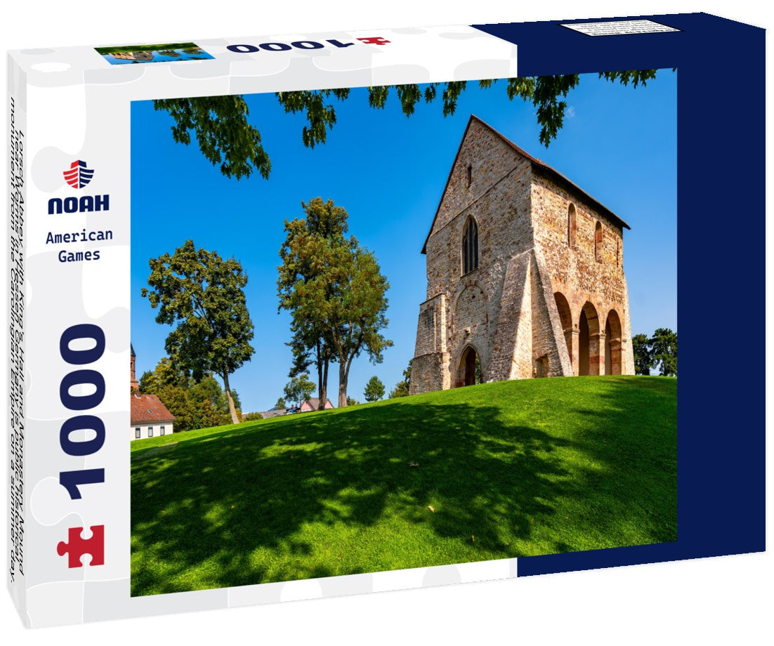 Noah Jigsaw Puzzle Lorsch Abbey with King's Hall and Monastery Mound near Worms in Hessen Germany is public historical monument from the Carolingian Empire on a summer day. Panorama form wide angle frog perspective 1000 pieces