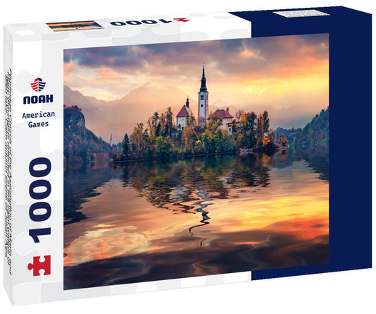 Noah Jigsaw Puzzle Pilgrimage Church of the Assumption of Maria and foggy mountains reflected in the calm waters of Bled lake. Calm autumn scene of Julian Alps 1000 pieces