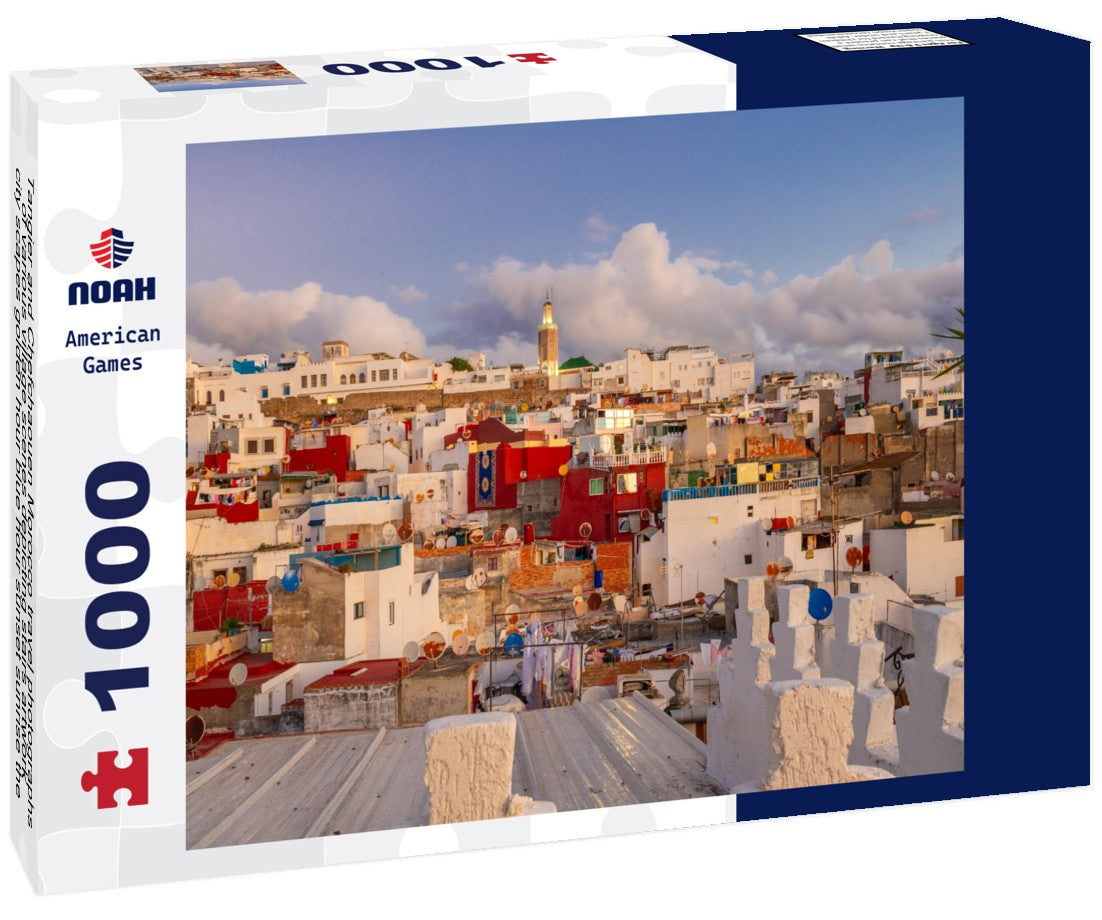 Noah Jigsaw Puzzle Tangier and Chefchaouen Morocco travel photographs of various village scenes depicting stairs artwork city scapes golden hour blue hour sunset sunrise the blue city with blue painted walls hearts 1000 pieces