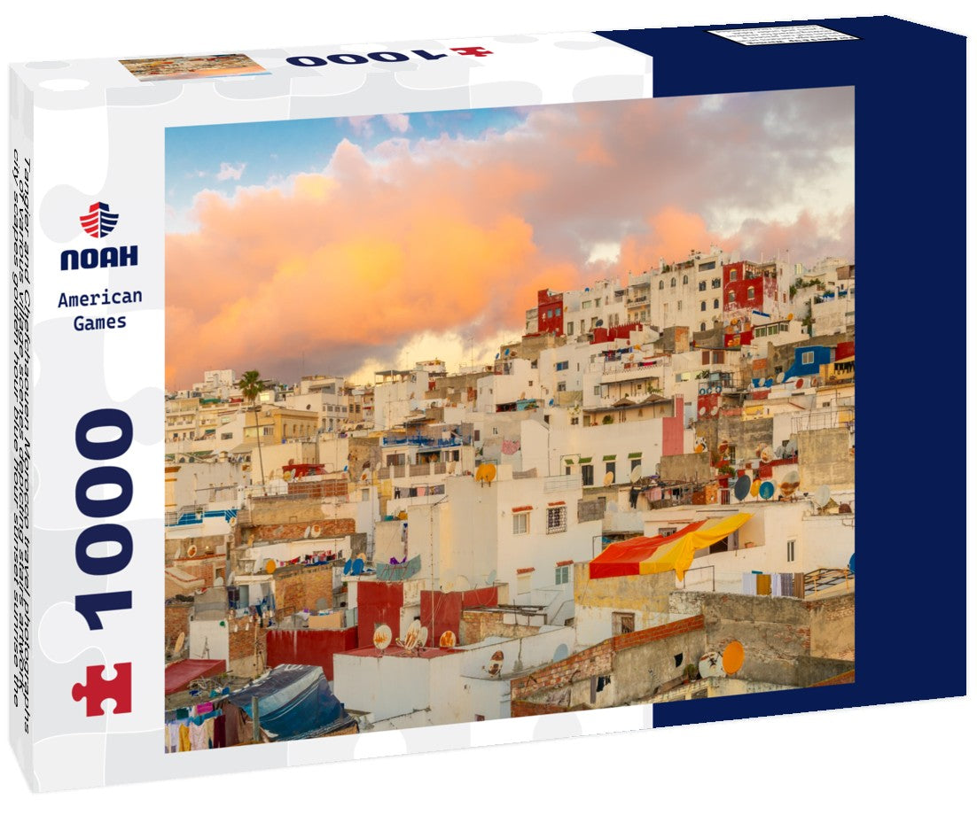 Noah Jigsaw Puzzle Tangier and Chefchaouen Morocco travel photographs of various village scenes depicting stairs artwork city scapes golden hour blue hour sunset sunrise the blue city with blue painted walls hearts 1000 pieces