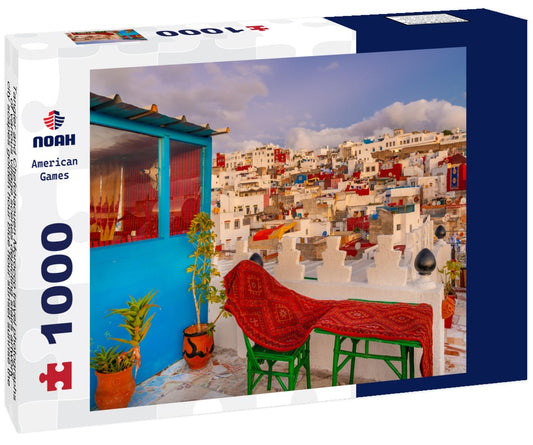 Noah Jigsaw Puzzle Tangier and Chefchaouen Morocco travel photographs of various village scenes depicting stairs artwork city scapes golden hour blue hour sunset sunrise the blue city with blue painted walls hearts 1000 pieces