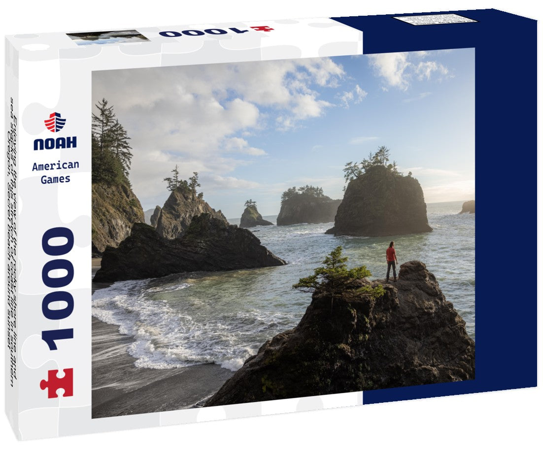 Noah Jigsaw Puzzle Enjoying the view of the rocky shore line and sea stacks of this stretch of coast line in southern Oregon, Secret beach around sunset 1000 pieces