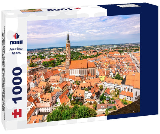Noah Jigsaw Puzzle Panoramic view, as the crow flies Landshut in Bavaria. St. Martin's Cathedral, Martinskirch in the old town and cathedrals, architecture, house roofs, streets and landscape, Landshut, Germany 1000 pieces