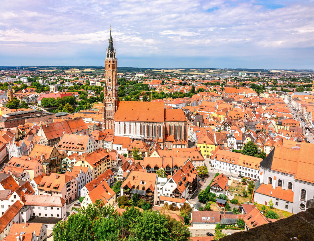 Noah Jigsaw Puzzle Panoramic view, as the crow flies Landshut in Bavaria. St. Martin's Cathedral, Martinskirch in the old town and cathedrals, architecture, house roofs, streets and landscape, Landshut, Germany 1000 pieces