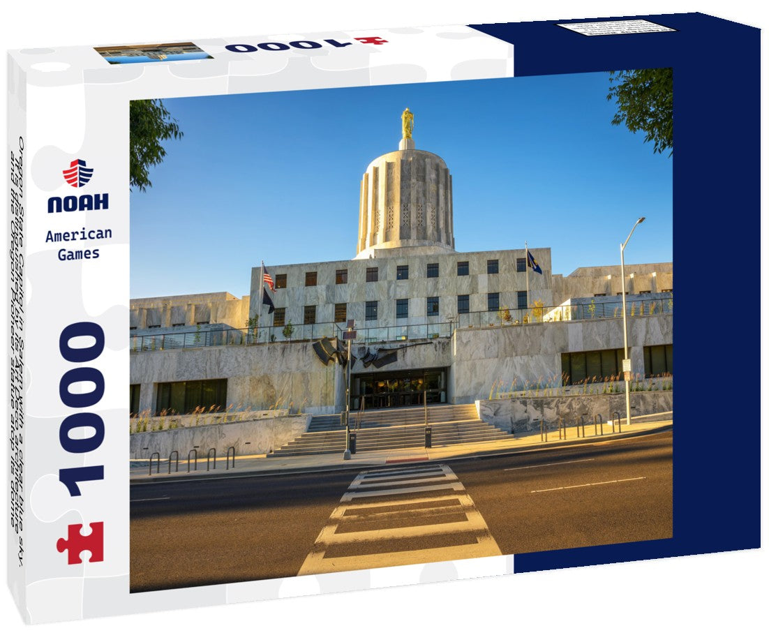 Oregon State Capitol in Salem with a clear blue sky. It is distinguished by its Art Deco architecture and the Oregon Pioneer statue atop its dome 1000pc Puzzle