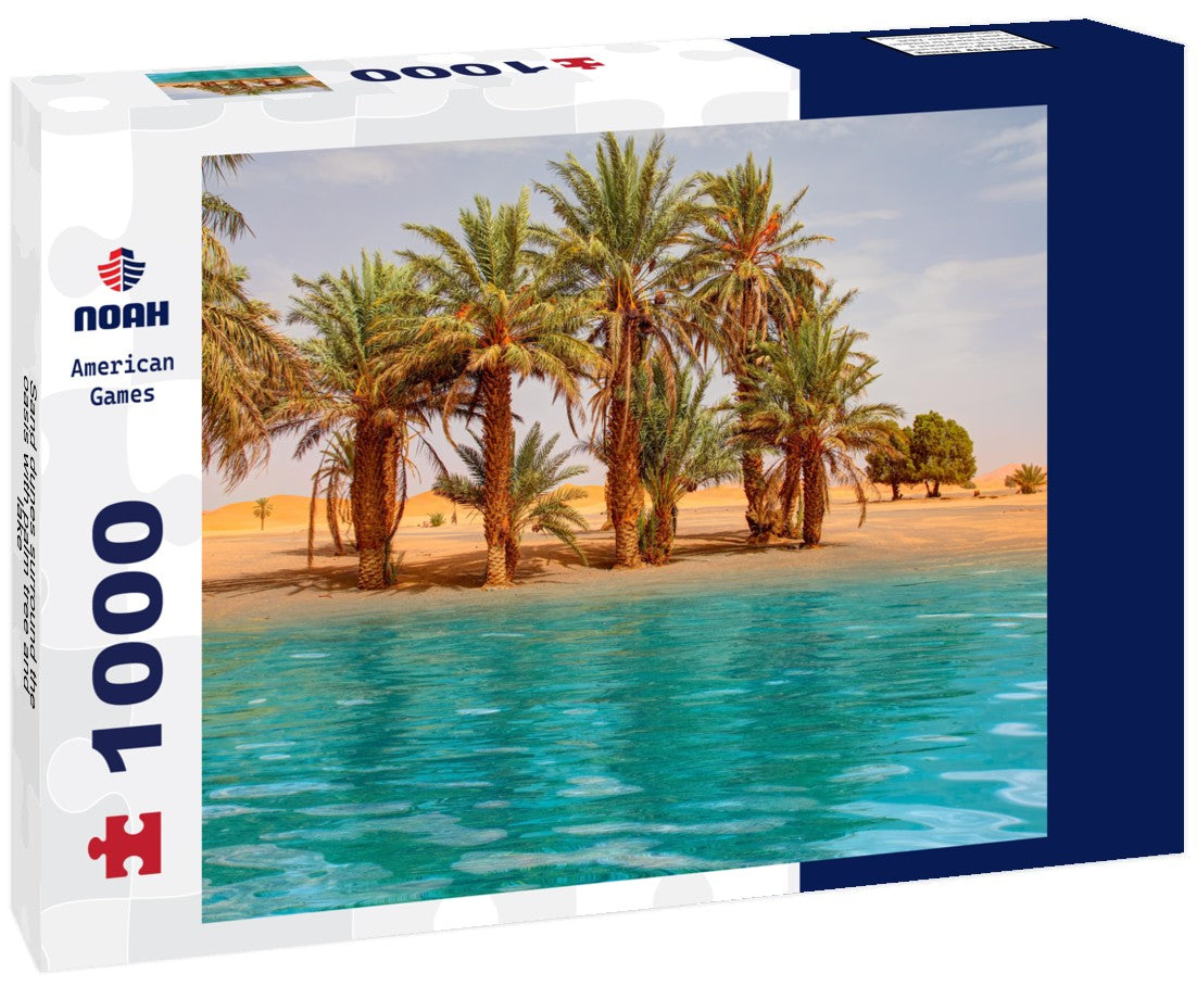 Sand dunes surround the oasis with palm tree and lake - Sahara, Morocco 1000pc Puzzle
