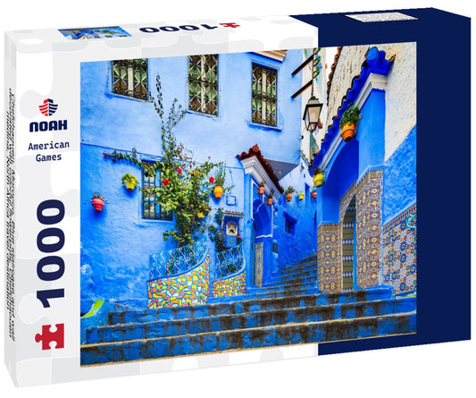Noah Jigsaw Puzzle Chefchaouen, Morocco. Blue staircase and wall decorated with colorful flowerpots, Chefchaouen medina, North Africa travel destination 1000 pieces