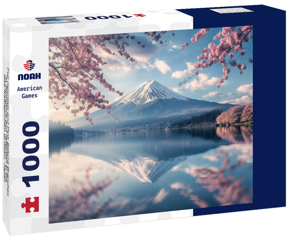 Noah Jigsaw Puzzle Fuji mountain and Pink Sakura Branches in Springtime and reflection in the lake Kawaguchiko at dawn, Japan 1000 pieces