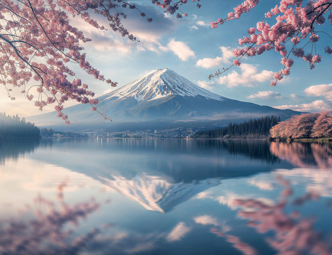 Noah Jigsaw Puzzle Fuji mountain and Pink Sakura Branches in Springtime and reflection in the lake Kawaguchiko at dawn, Japan 1000 pieces