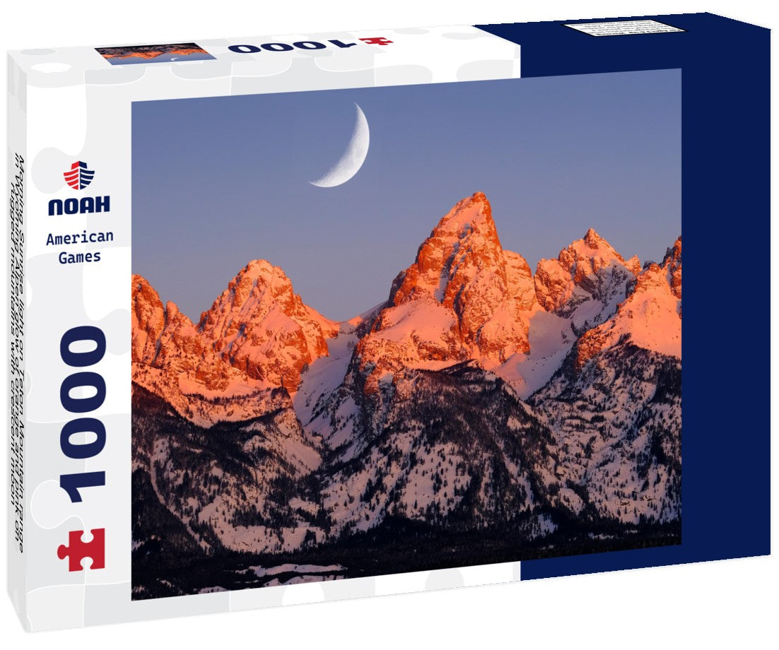 Noah Jigsaw Puzzle Morning Sunrise light on Teton Mountain range in Wyoming Alpen glow of orange and pink on rugged mountains with crescent moon 1000 pieces