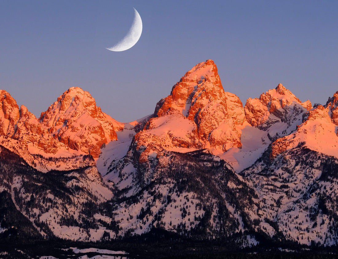 Morning Sunrise light on Teton Mountain range in Wyoming Alpen glow of orange and pink on rugged mountains with crescent moon 1000pc Puzzle