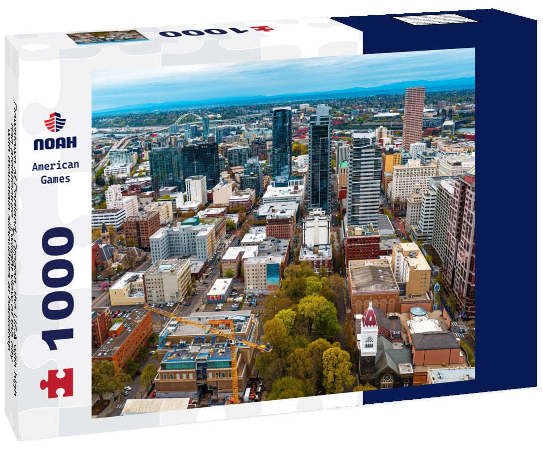 Noah Jigsaw Puzzle Downtown of Portland, Oregon, the USA with high-rise architecture. Twilight view of the city with mountain silhouettes at backdrop 1000 pieces