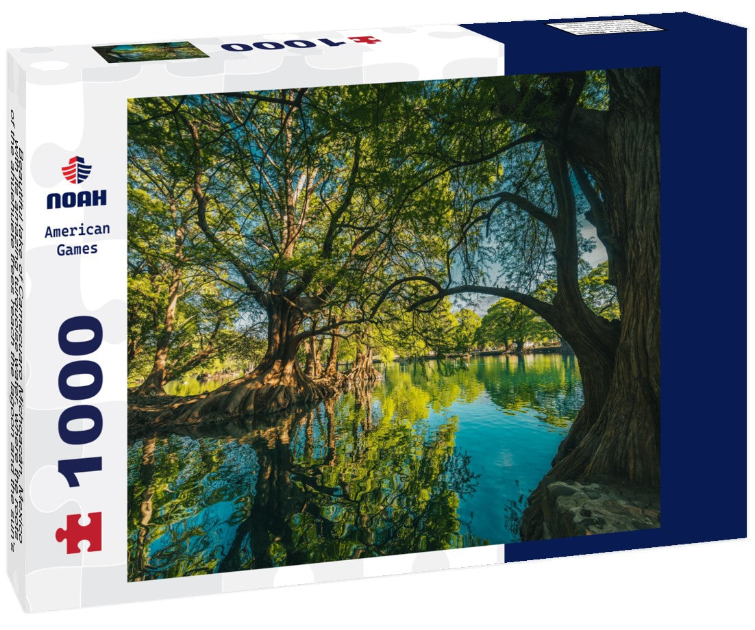 Noah Jigsaw Puzzle Beautiful lake of Camecuaro Michoacán, Mexico, with its amazing turquoise water, where the roots of the ahuehuete trees reach the lagoon and the sun's rays pass through the branches of the trees 1000 pieces