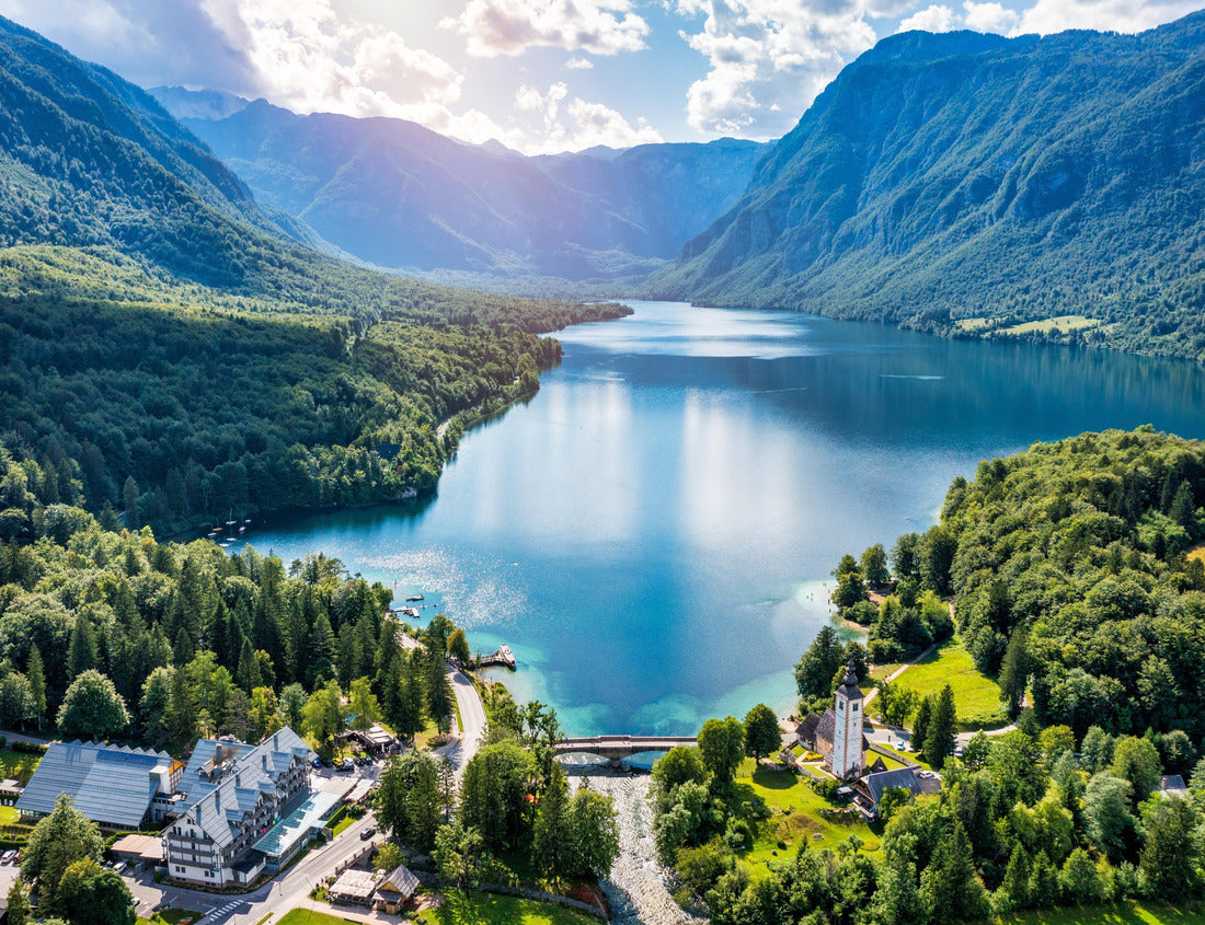 Noah Jigsaw Puzzle Aerial view of Bohinj lake in Julian Alps. Popular touristic destination in Slovenia. Bohinj Lake, Church of St John the Baptist. Triglav National Park, Julian Alps, Slovenia 1000 pieces