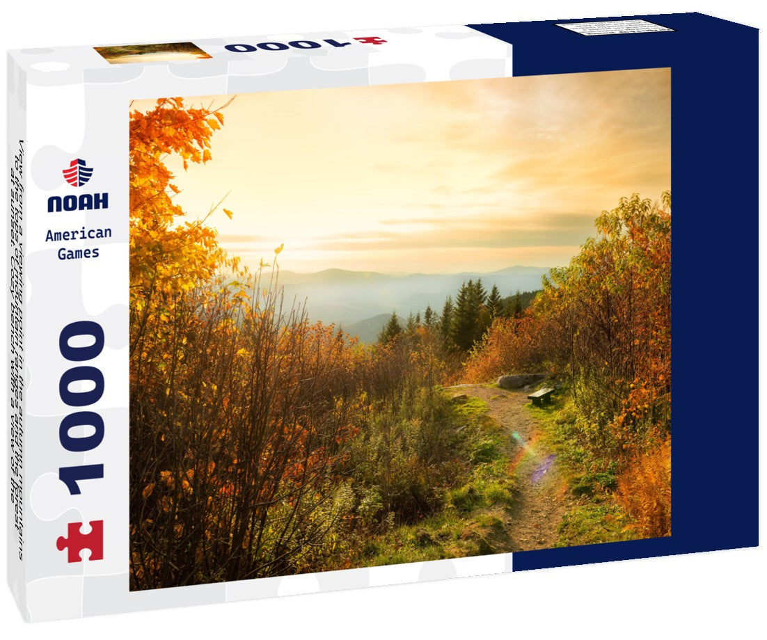 Noah Jigsaw Puzzle View from a viewing point in the autumn mountains to the tops of mountain ranges and the forest at sunset. Cozy bench with a view of the mountains. Vermont. USA 1000 pieces