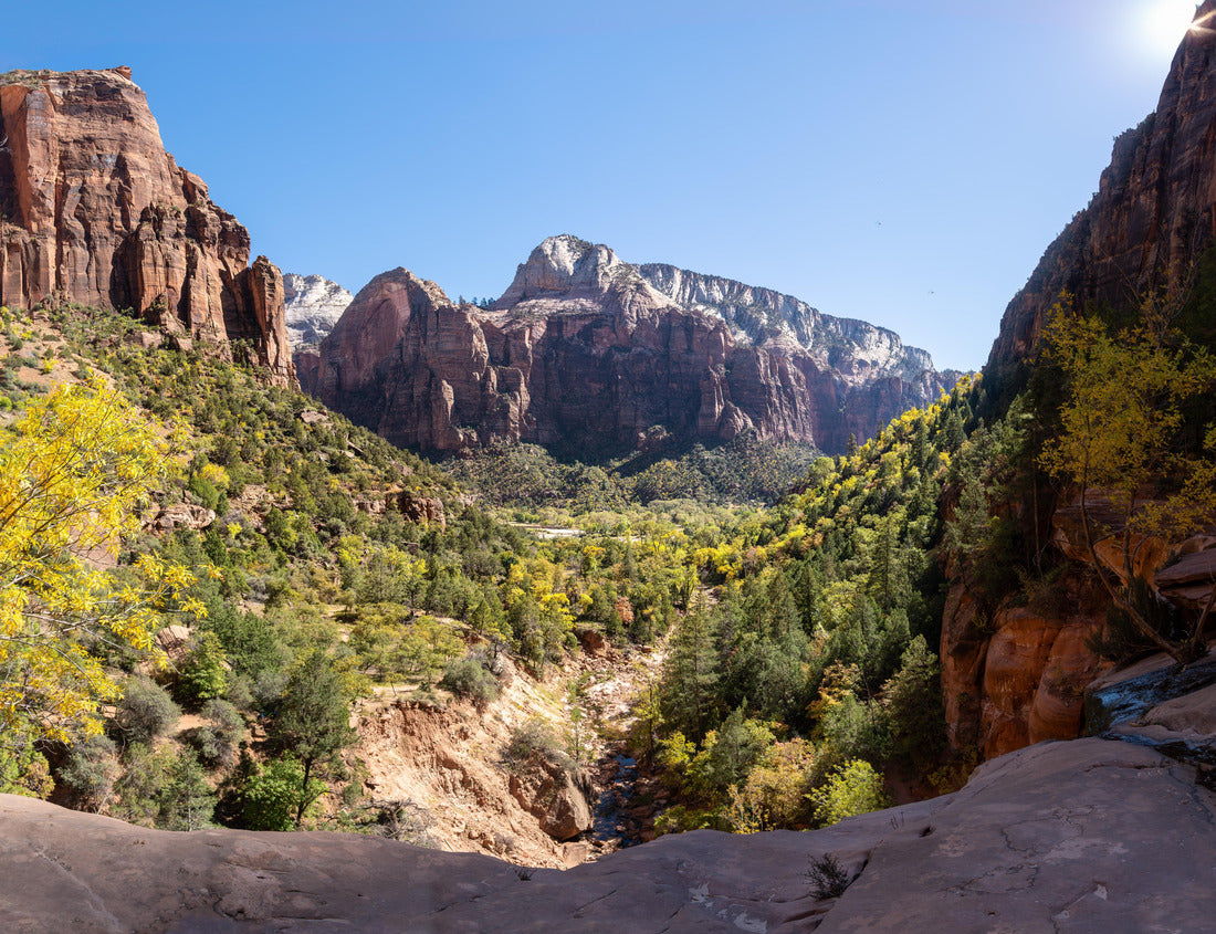 Zion National Park in Utah. Deer Trap and Great White Throne mountains viewed from Zion Canyon. View from rock ledge between Lower and Middle Emerald Pools 1000pc Puzzle