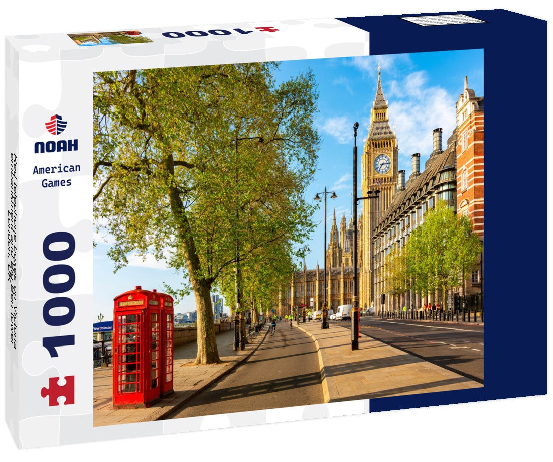 Red telephone boxes on Victoria embankment and Big Ben tower, London, UK 1000pc Puzzle