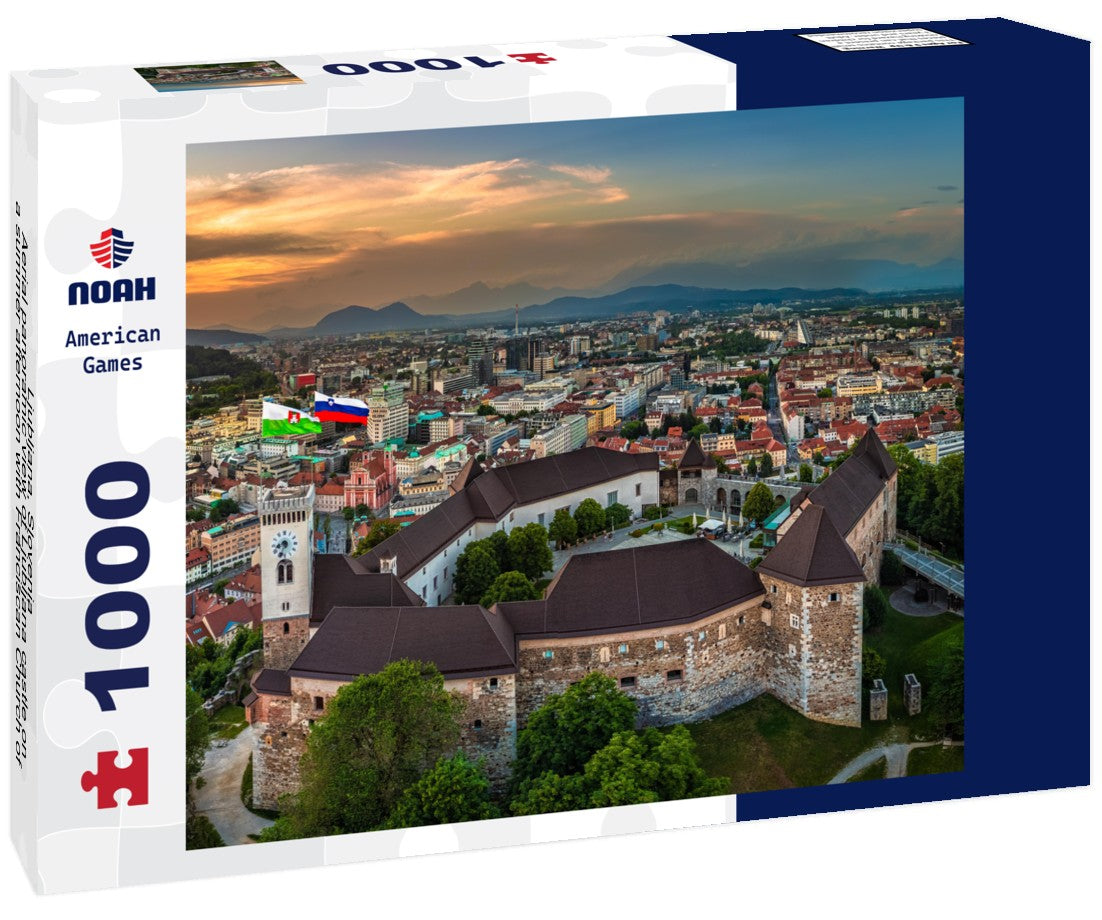 Noah Jigsaw Puzzle Ljubljana, Slovenia - Aerial panoramic view of Ljubljana castle on a summer afternoon with Franciscan Church of the Annunciation, Ljubljana Cathedral and skyline of the capital of Slovenia at sunset 1000 pieces