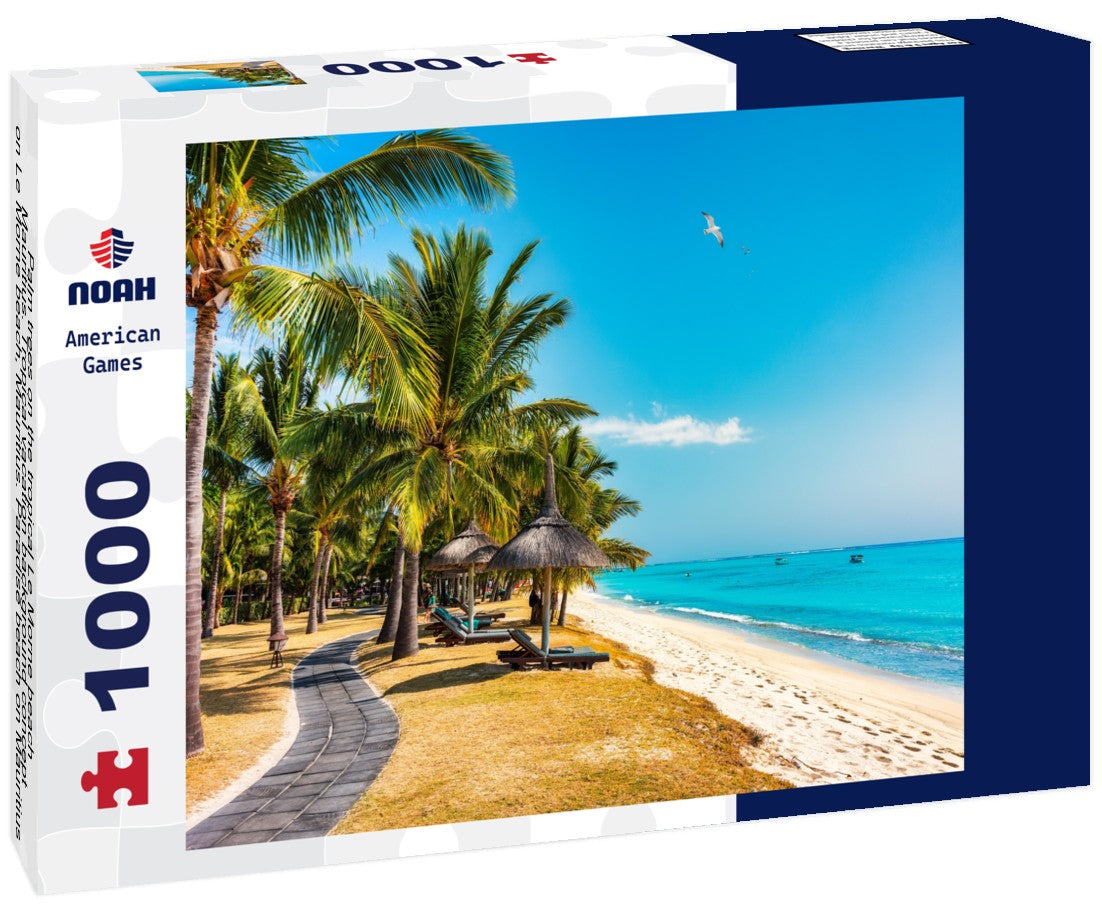Palm trees on the tropical Le Morne beach, Mauritius. Tropical vacation background concept on Le Morne beach, Mauritius. Paradise beach on Mauritius island, palm trees, white sand, azure water 1000pc Puzzle